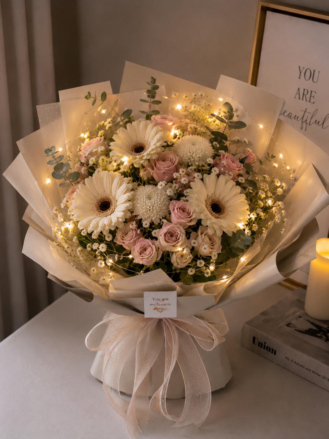 An arrangement with gerberas and spray roses