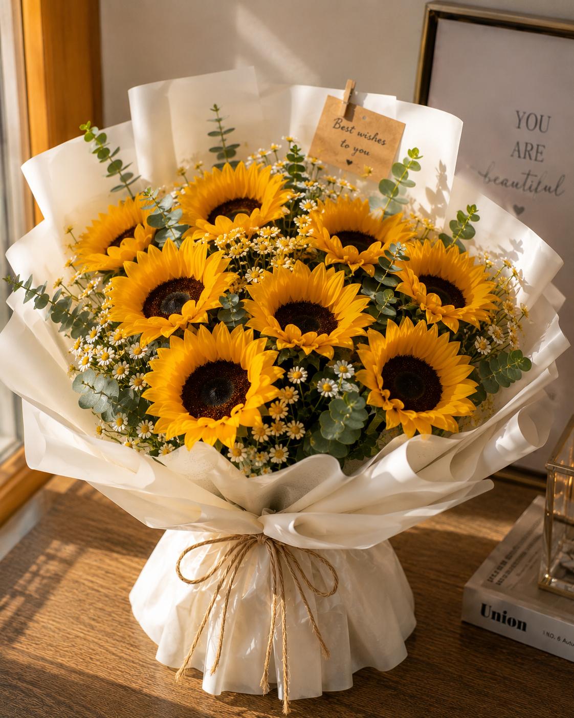 A bouquet of eight sunflowers with small daisies