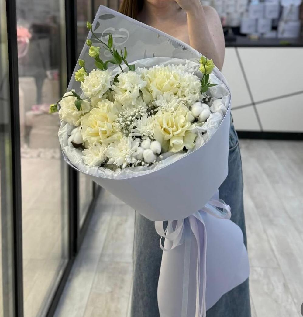 Twelve light pink roses, chrysanthemums, and hydrangeas
