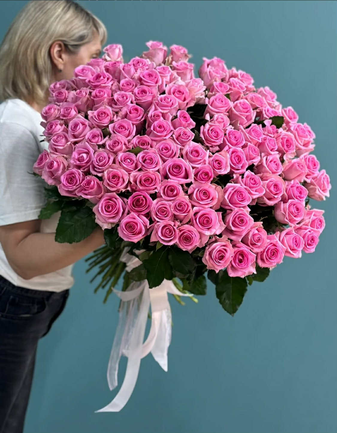 75 Pink Roses Bouquet with White Ribbons